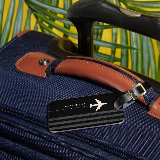 Travel Airplane custom name & initial black Luggage Tag (Front Insitu 3)