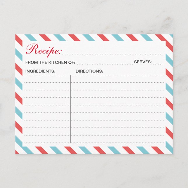 Travel Airplane Recipe Card, Bridal Shower Wedding Invitation Postcard (Front)