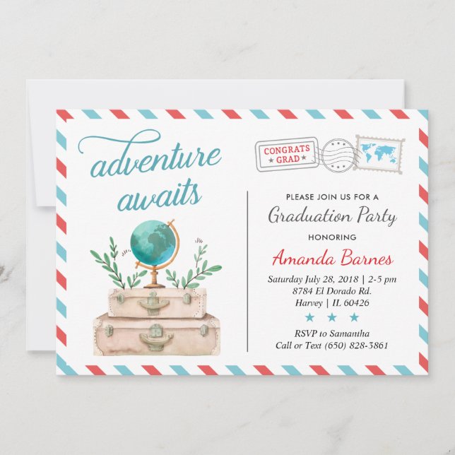Travel Airplane Suitcases Graduation Grad Red Blue Invitation (Front)