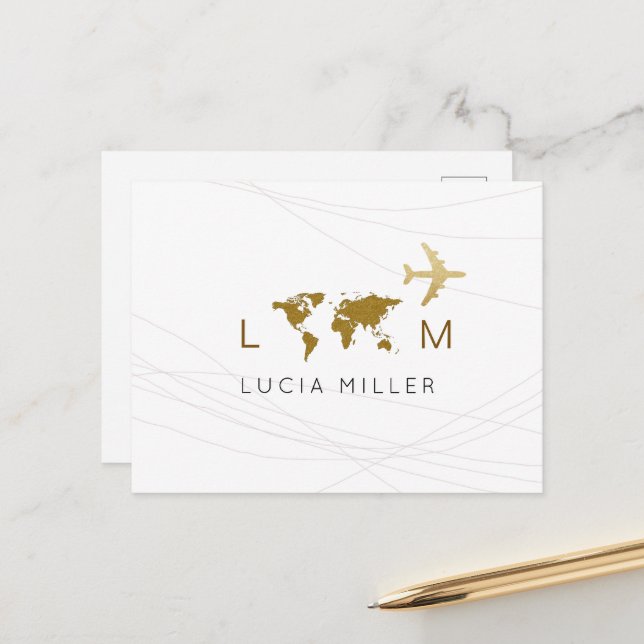 Travel Airplane World Map White Holiday Postcard (Front/Back In Situ)