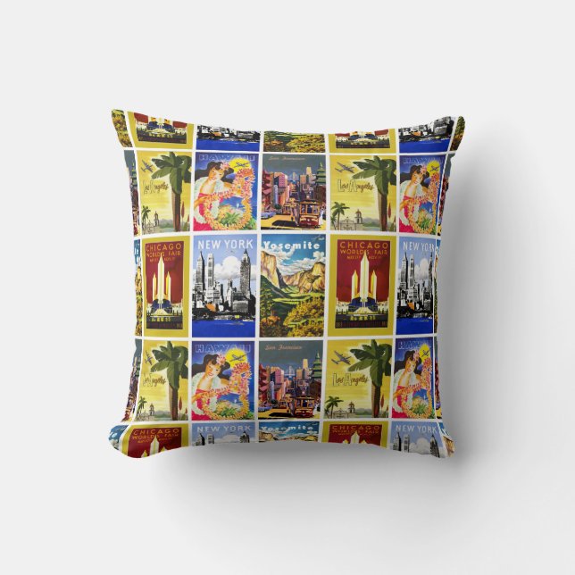 Travel America vintage retro collage Throw Pillow (Front)