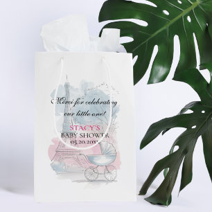 Travel Baby Shower Paris and Carriage Blue Pink Medium Gift Bag