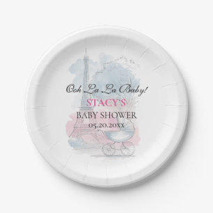 Travel Baby Shower Paris and Carriage Blue Pink Paper Plate
