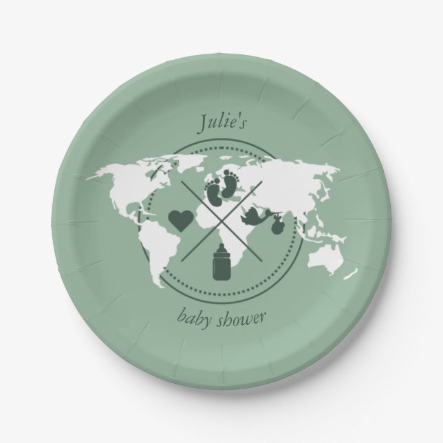 Travel Baby Shower Theme Passport World Map  Paper Paper Plate (Front)