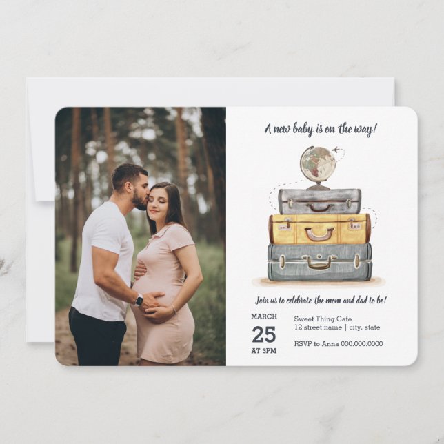 Travel Baby Shower Yellow Grey Suitcase Invitation (Front)