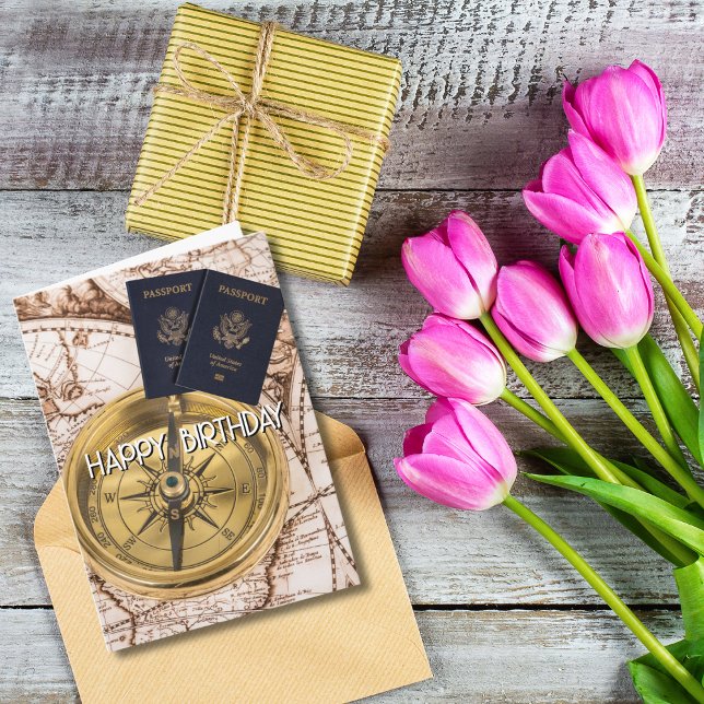 Travel Birthday Compass World Map Passport Fun Card (Creator Uploaded)