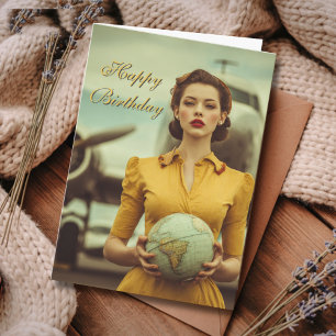 Travel Birthday Vintage Retro Woman Airplane Chic Card