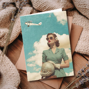 Travel Birthday Vintage Retro Woman Map & Airplane Card