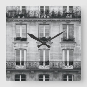 Travel   Black and White Vintage Building In Paris Square Wall Clock