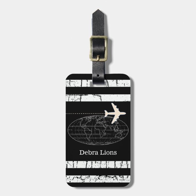 Travel black personalized airplane luggage tag (Front Vertical)