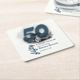 Travel Blue Classic Car  Turns 50th Birthday Square Paper Coaster