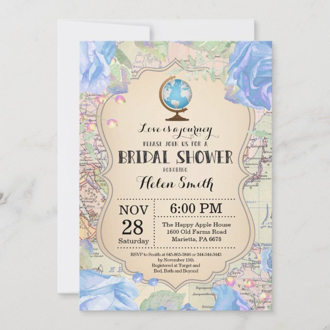 Travel Blue Floral Bridal Shower Invitation (Front)