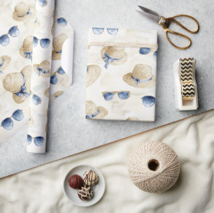 Travel Blue Sunglasses Bows Cream Hats Birthday Wrapping Paper