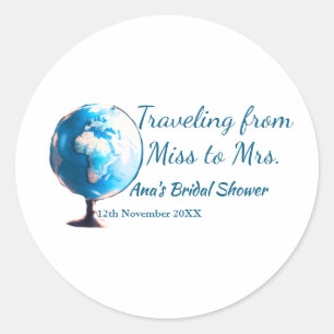 Travel bridal shower add name date miss to Mrs sim Classic Round Sticker