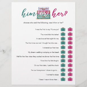 Travel bridal shower game // Pink Teal Him or Her