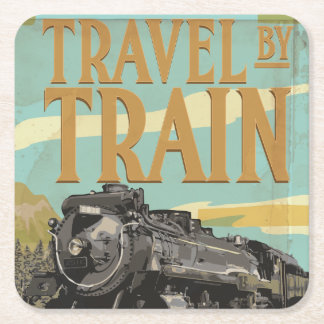 Travel By Train vintage travel poster Square Paper Coaster
