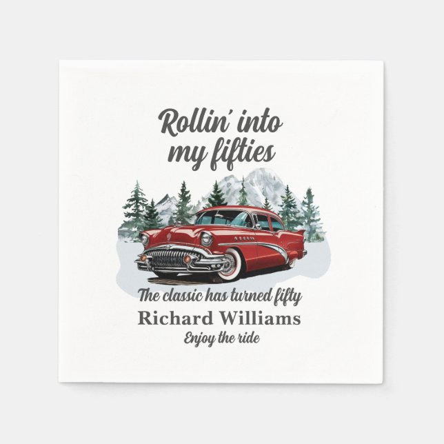 Travel Classic Retro Car Rolling 50th Birthday Napkin (Front)