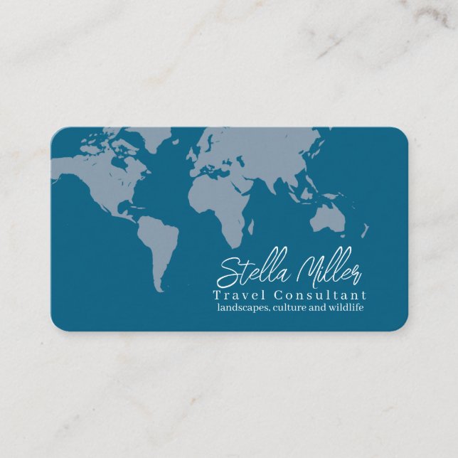 Travel Consultant World Map on Ocean-Blue Business Card (Front)