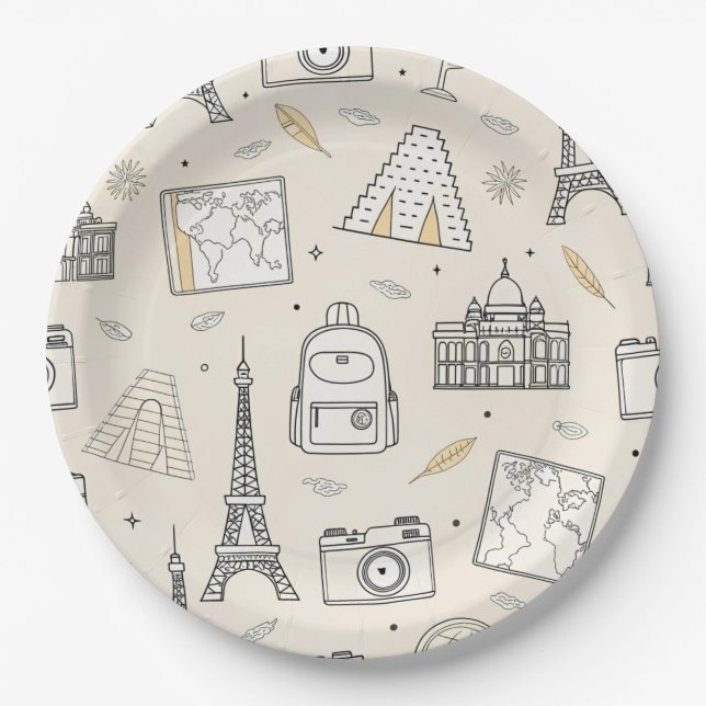 Travel Doodle Seamless Pattern Paper Plate (Front)