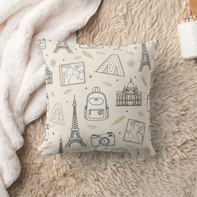 Travel Doodle Seamless Pattern Throw Pillow (Blanket)