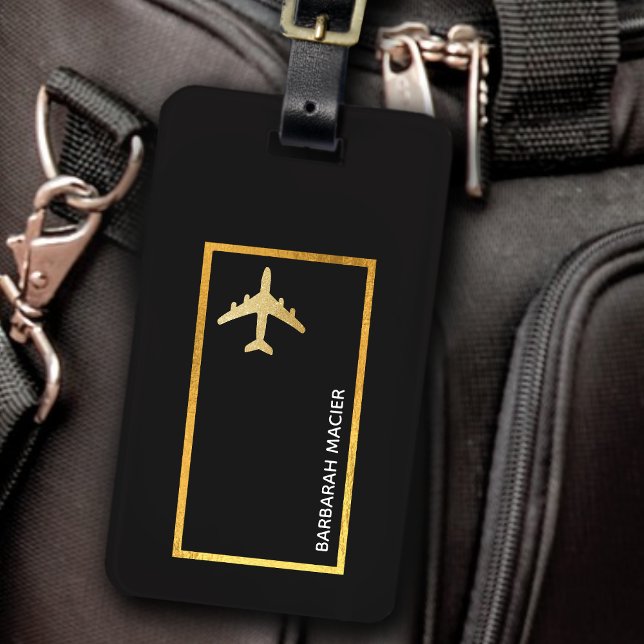 travel faux gold airplane customizable black luggage tag (Creator Uploaded)