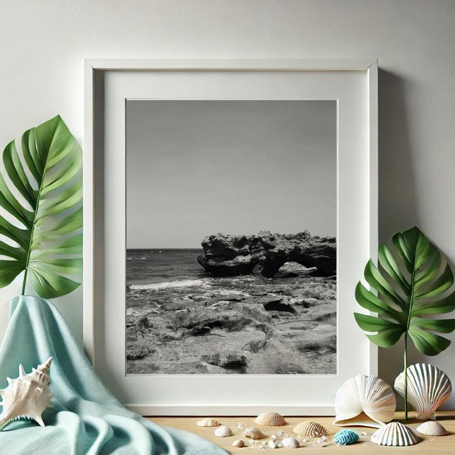Travel Florida Beach Photography Poster (Black and white Florida travel photography poster of Blowing Rocks Coral Cove Beach Jupiter Florida)