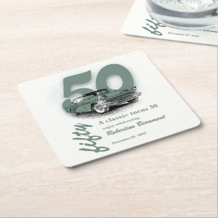 Travel Green Classic Car Turns 50th Birthday Square Paper Coaster
