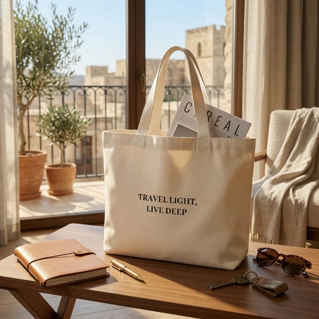 Travel Light Live Deep Minimalist Typography  Large Tote Bag (Travel Light Live Deep Minimalist Typography Off-White Canvas Weekender Tote)