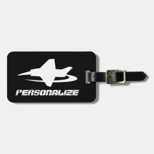 Travel luggage tag with jet fighter aircraft logo