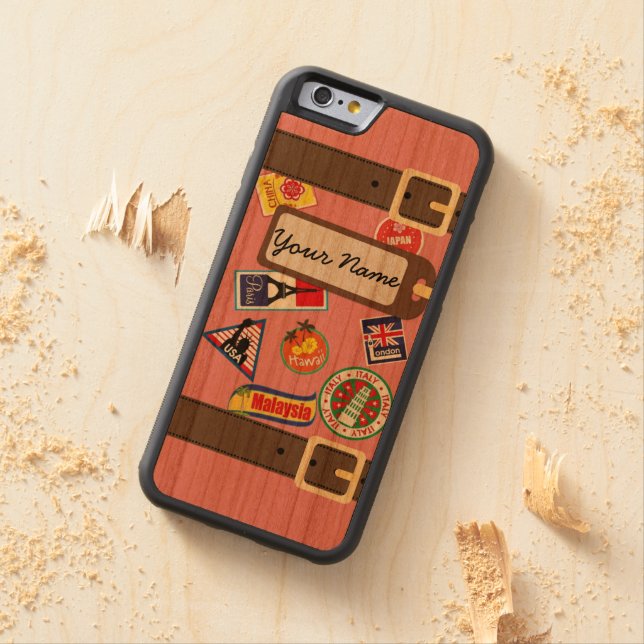 Travel Luggage with Stickers Bumper iPhone 6 Case Carved Wood iPhone Case (In Situ)
