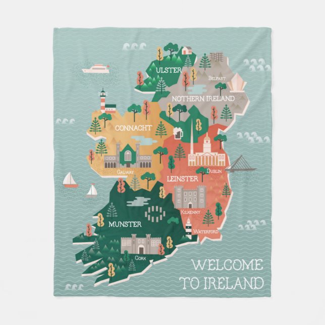 Travel Map of Ireland | Landmarks & Cities Fleece Blanket (Front)