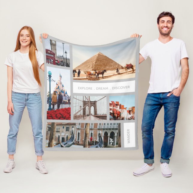 Travel Memories Photo Keepsake White Grey Fleece Blanket (In Situ)
