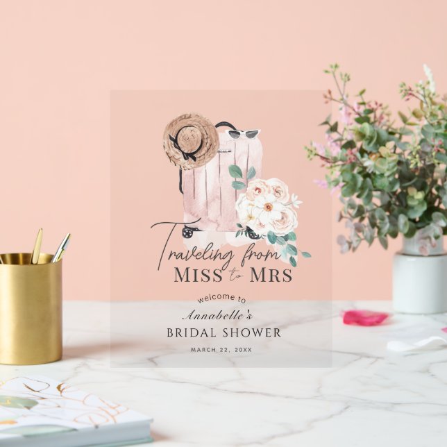 Travel Miss to Mrs Pink Suitcase Bridal Shower Acrylic Sign (Wedding)