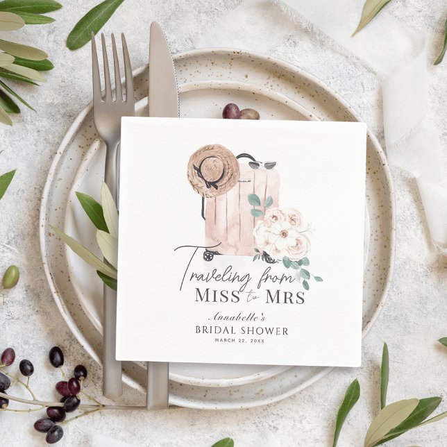 Travel Miss to Mrs Pink Suitcase Bridal Shower Napkin (Creator Uploaded)