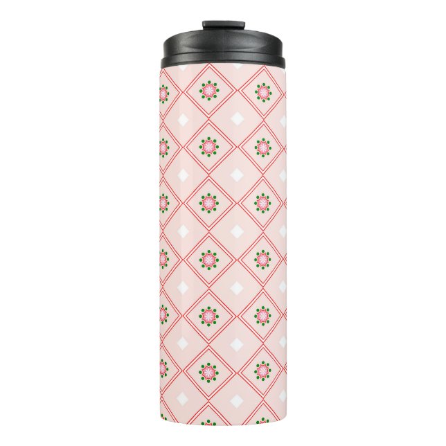 Travel mug with a pink and white geometric pattern (Front)