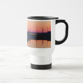 Travel mug with beautiful sunset photo harbour