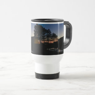 Travel mug with beautiful sunset photo with pines