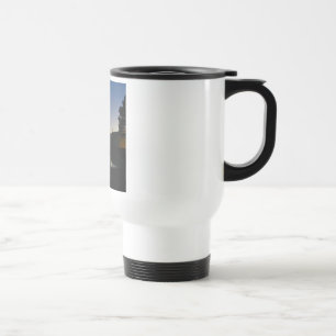 Travel mug with handle sunset photo with pines