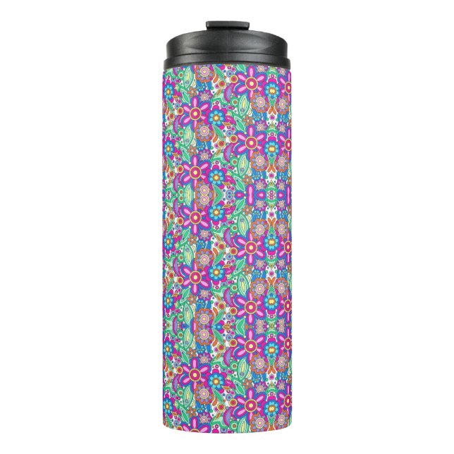 Travel mug with vibrant, kaleidoscopic pattern. (Front)