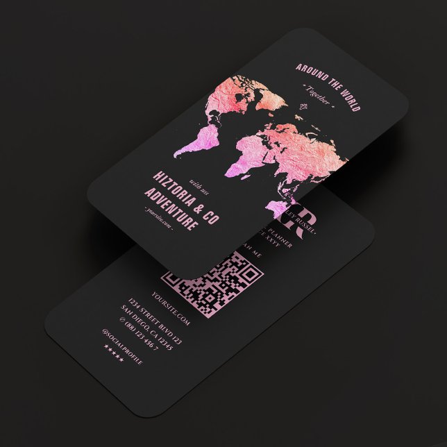Travel Planner Tour Agency Black Pink Map  Business Card (Creator Uploaded)