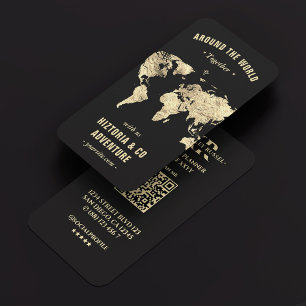 Travel Planner Tour Guide Gold World Map Black Business Card