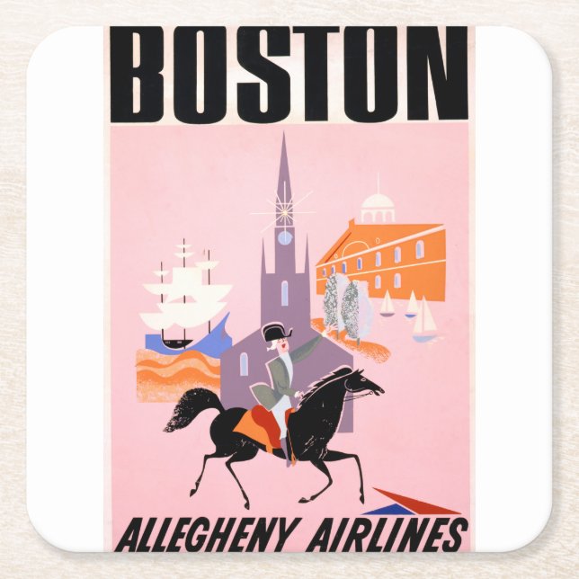 Travel Poster For Allegheny Airlines To Boston Square Paper Coaster (Front)