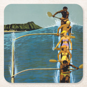 Travel Poster For United Air Lines To Hawaii Square Paper Coaster