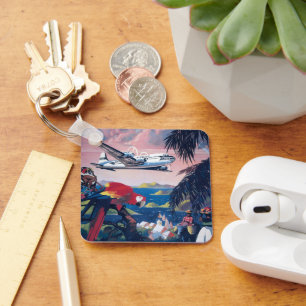Travel Poster Of Seaplane Flying Over Caribbean Keychain