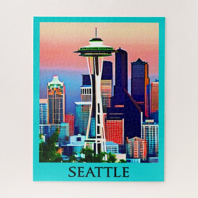 Travel Poster of Seattle under a Dawn Sky Jigsaw Puzzle (Vertical)