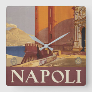 Travel Poster Of Vesuvius And The Bay Of Naples Square Wall Clock