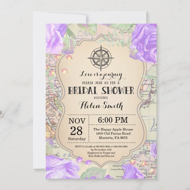 Travel Purple Floral Bridal Shower Invitation (Front)