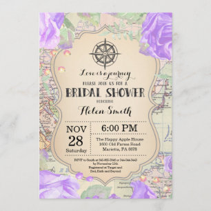 Travel Purple Floral Bridal Shower Invitation
