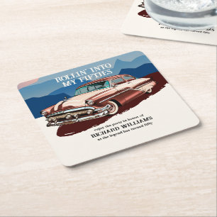 Travel Retro Classic Car Theme 50th Birthday Square Paper Coaster