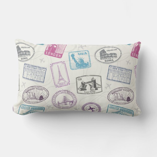 Travel Stamps Lumbar Pillow (Front)